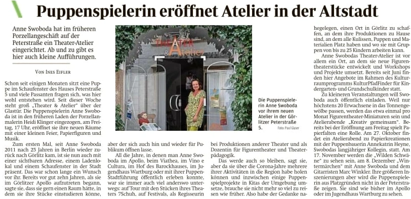 Presseartikel: Puppenspielerin eröffnet Atelier in der Altstadt